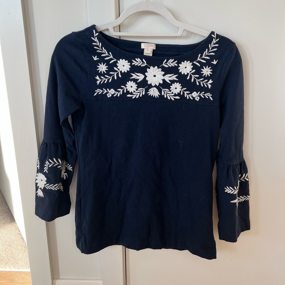 J. Crew navy long sleeve shirt with white embroidery pattern